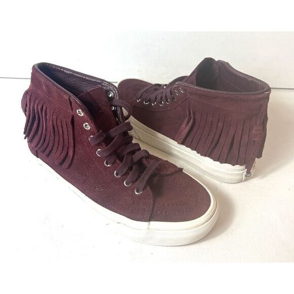 Vans Shoes - Vans Sk8 Hi Suede Fringe Skate Shoes Women’s 6 Men’s 4.5 Burgundy Lace Up Casual